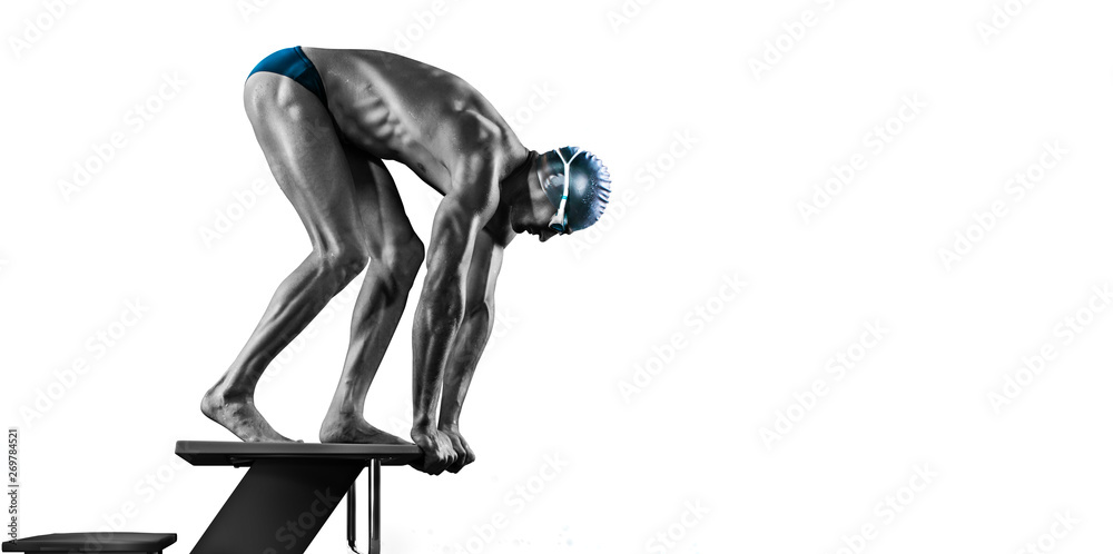 Swimming pool. Isolated muscular swimmer ready to jump. Swimming pool. Isolated muscular swimmer ready to jump.