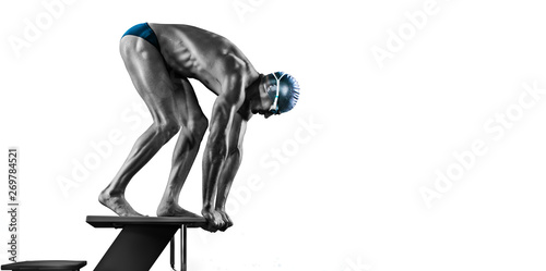 Swimming pool. Isolated muscular swimmer ready to jump. 