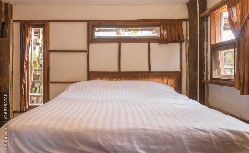 White Bed in Country Loft Interior Design Room Front View White Bed in Country Loft Interior Design Room Front View