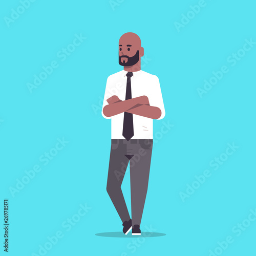 businessman in formal wear folded hands standing pose smiling male cartoon character african american business man office worker posing flat full length