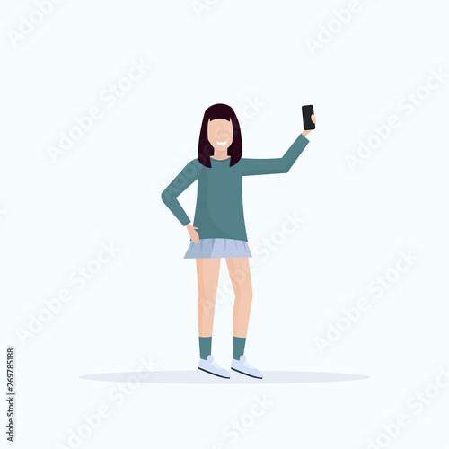 brunette woman taking selfie photo on smartphone camera casual female cartoon character posing white background flat full length
