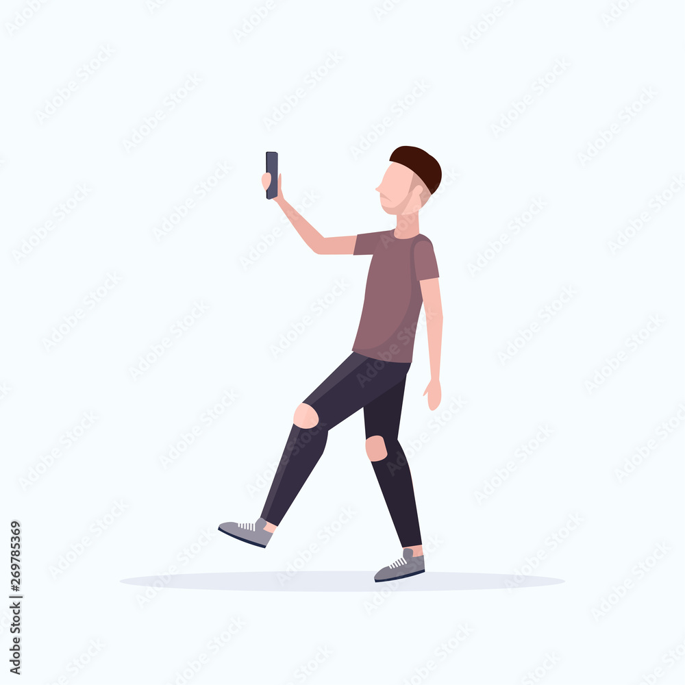 man taking selfie photo on smartphone camera casual male cartoon character posing white background flat full length man taking selfie photo on smartphone camera casual male cartoon character posing white background flat full length