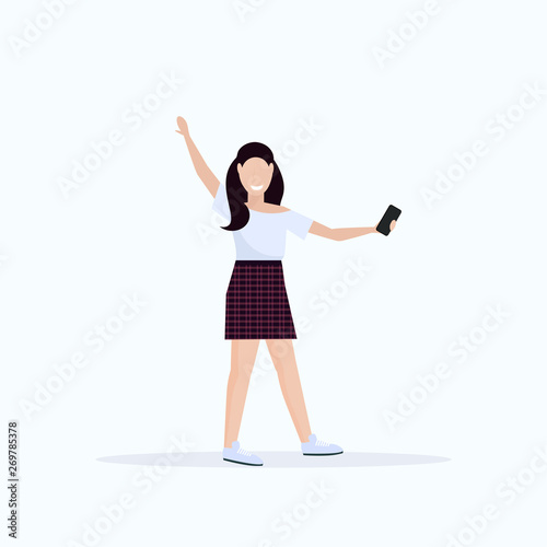 brunette woman taking selfie photo on smartphone camera casual female cartoon character posing white background flat full length