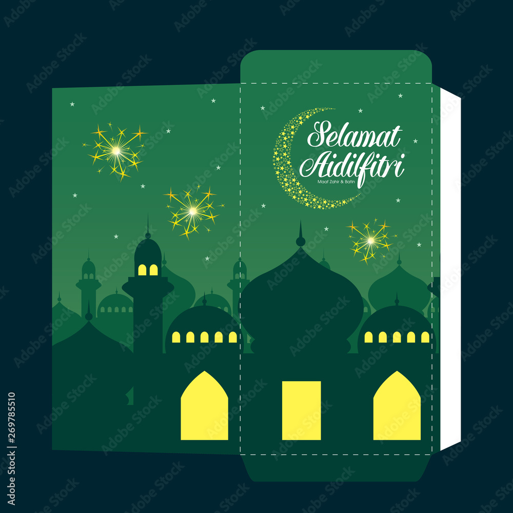 Naklejka Selamat Hari Raya Aidilfitri Green Packet design template. (Caption: Fasting Day celebration also known as Eid al-Fitr)