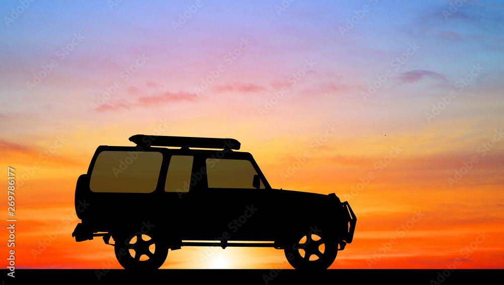 silhouette car on sunset background.