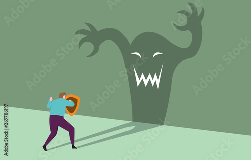 Courage Businessman with Shield Ready Confident Facing Monster Shadow Business Threat