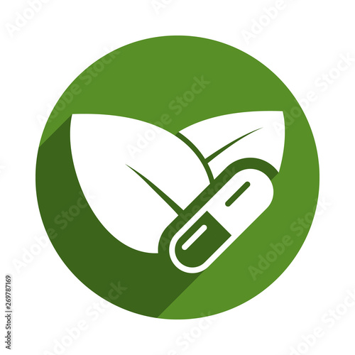 Capsule with leaf icon illustration. Pharmacy icon. Organic medicine symbol illustration.