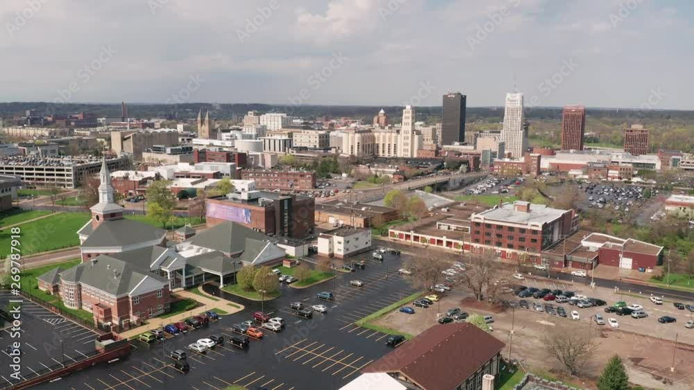 Beautiful Light in an Aerial Elevating Perspective over Akron Ohio USA