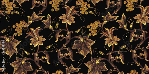 Embroidery renaissance golden floral elements seamless pattern. Template of clothes, tapestry, t-shirt design