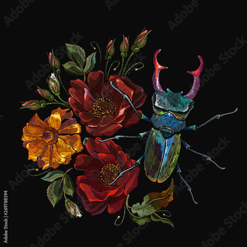 Embroidery beetle deer, roses and calendula gloden flowers. Summer garden art. Fashion template for clothes, textiles, t-shirt design