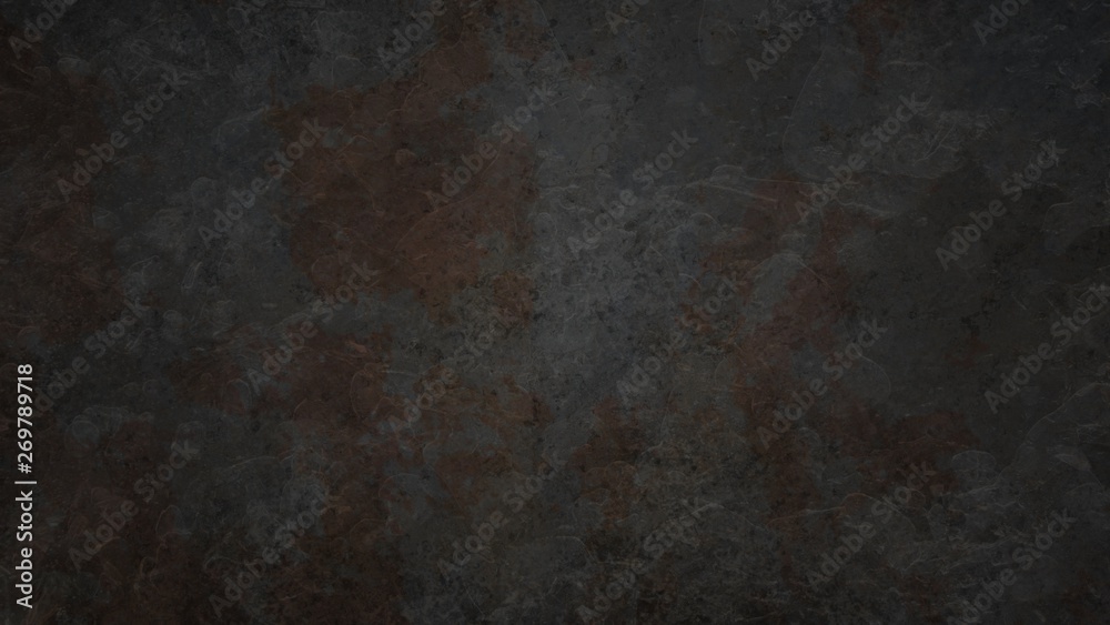 Old black background with rusted brown stains and rough vintage grunge texture design. Elegant mottled and marbled stone or rock pattern with brown color splashes in dark design.
