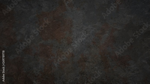 Old black background with rusted brown stains and rough vintage grunge texture design. Elegant mottled and marbled stone or rock pattern with brown color splashes in dark design. © Arlenta Apostrophe