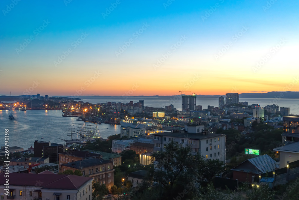 night landscape of the beautiful port city. Vladivostok, Russia