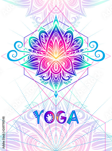 Template flyer or banner or visit Card for yoga classes with abstract Lotus or Mandala in Indian Asian Ethnic style in colorful tones on white background 