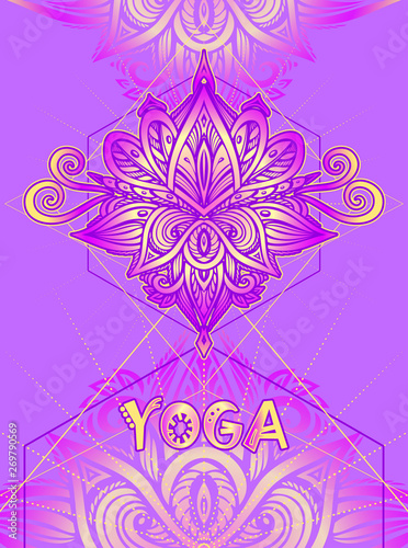 Template flyer or banner or visit Card for yoga classes with abstract Lotus or Mandala in Indian Asian Ethnic style in colorful tones on lilac background 