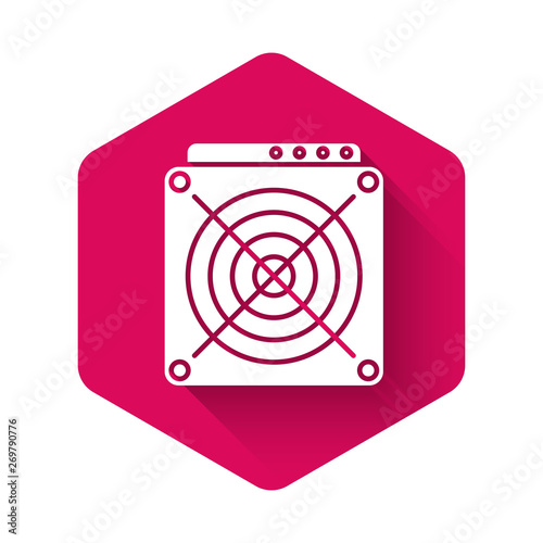 White ASIC Miner icon isolated with long shadow. Cryptocurrency mining equipment and hardware. Application specific integrated circuit. Pink hexagon button. Vector Illustration