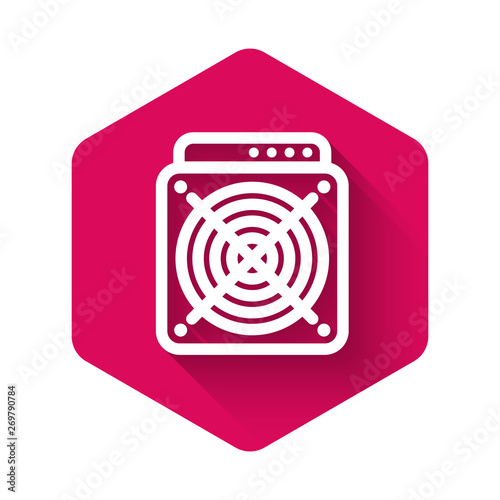 White ASIC Miner icon isolated with long shadow. Cryptocurrency mining equipment and hardware. Application specific integrated circuit. Pink hexagon button. Vector Illustration