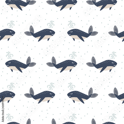 Dolphin seamless vector pattern. Cartoon style blue fun fish background.