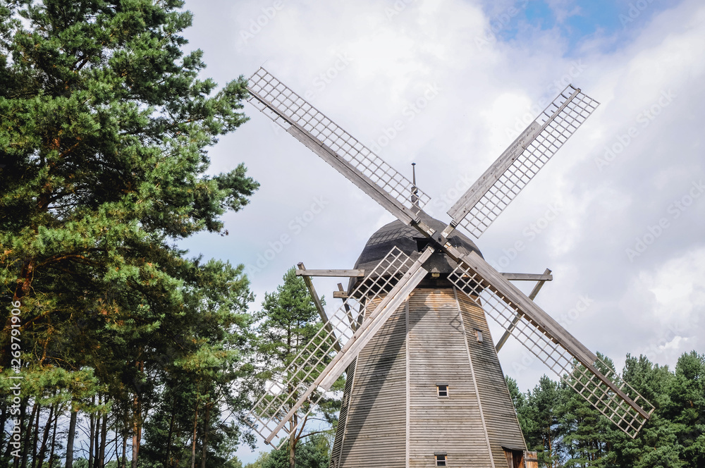 19th century dutch type windmill in Heritage park in Olsztynek town in Warmia-Mazury Province, Poland