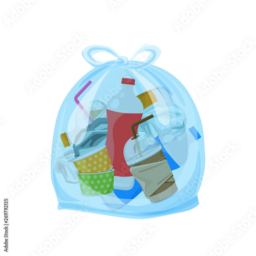 plastic waste packed in the transparent plastic bags for waste separation isolated white square background, Illustration plastic bin bags for waste, clip art plastic bag transparent flat for graphic