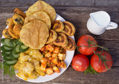 Plate of food, traditional homemade with milk