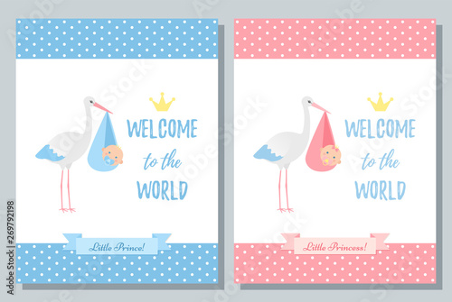 Baby Shower invite card. Vector. Baby boy, girl design. Cute pink, blue banner. Birth party background. Happy greeting poster with newborn kid, stork. Welcome template invitation Cartoon illustration.