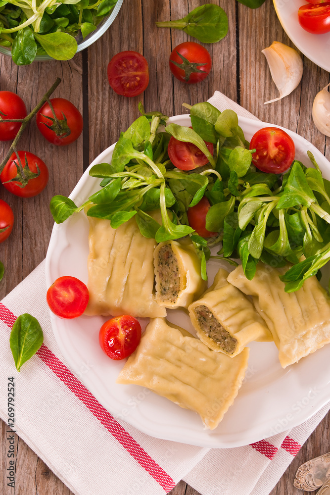 Maultaschen - swabian filled pasta ( ravioli ). Maultaschen - swabian filled pasta ( ravioli ).
