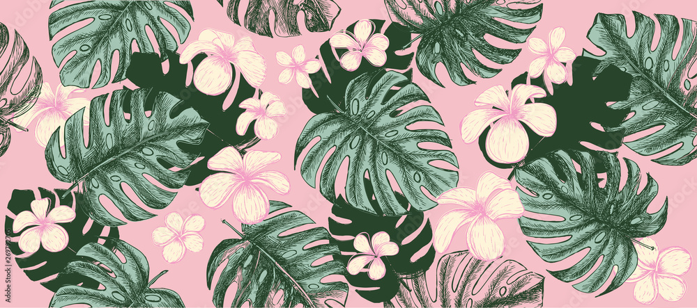 Tropical green leaves pattern pink background. Hand drawn illustration. Tropical green leaves pattern pink background. Hand drawn illustration.