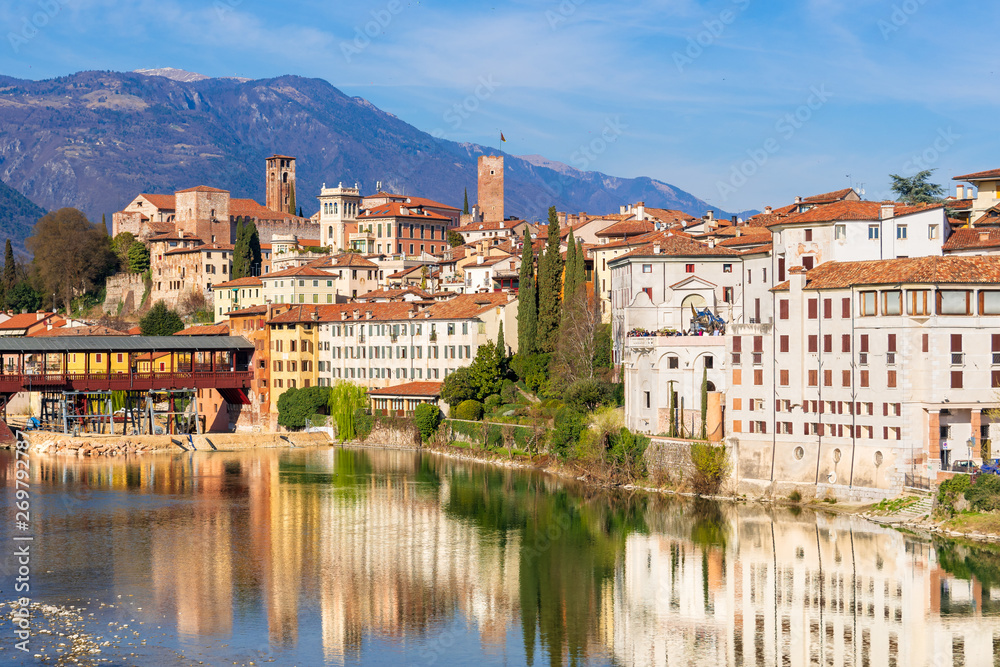 View of the historic district of italian city Bassano del Grappa.