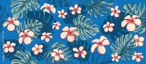 Tropical green leaves pattern pink background. Hand drawn illustration.