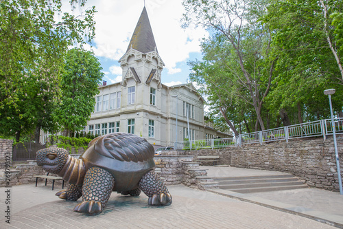 City Jurmala, Latvian Republic. Sculpture turtle with house. Jurmala tourism place. Travel photo. 2019. 25. May photo