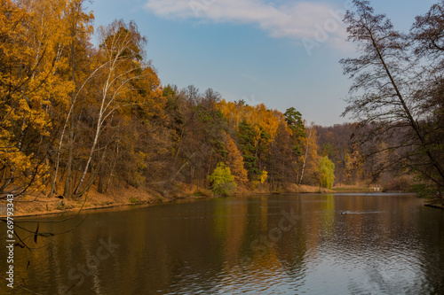 Scenic view to the autumn park and pond, golden autumn