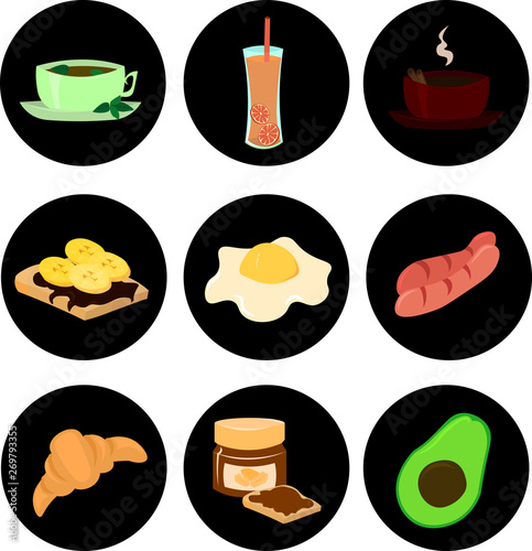 Set of vector ingredients for breakfast. Fried eggs  sausages  tea. Design for the logo of the menu  cafe  restaurant.
