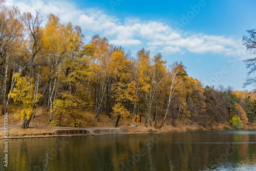 Scenic view to the autumn park and pond, golden autumn