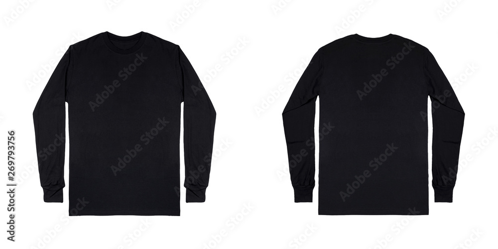 Black long sleeve t shirt front and back view isolated on white background. - obrazy, fototapety, plakaty 