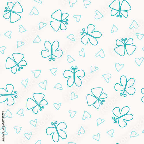 Seamless multicolored doodle background with flowers and butterflies. Vector illustration for packaging and printing on fabric