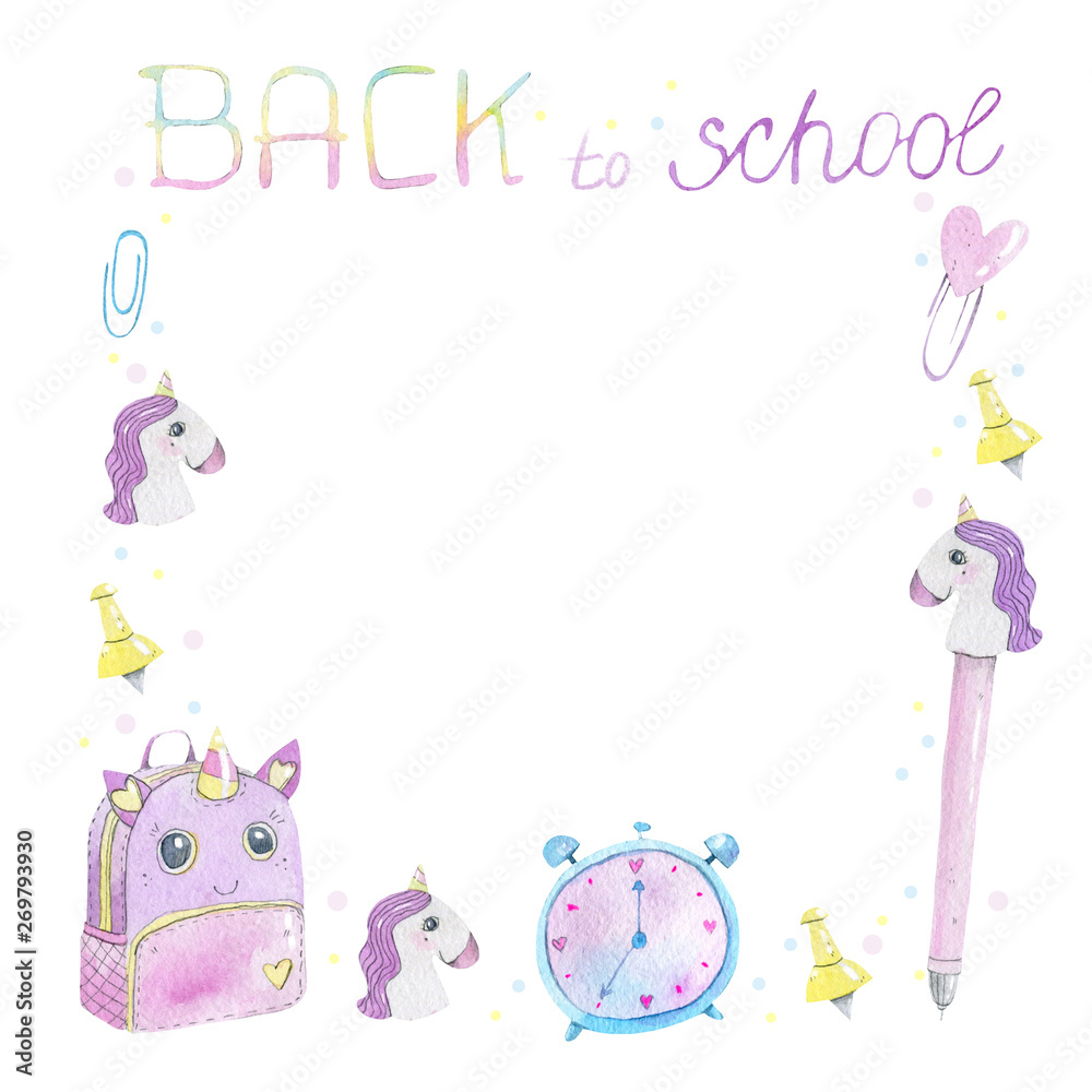 Back to school watercolor frame unicorn stationery hand drawn on white background  with space for text.  