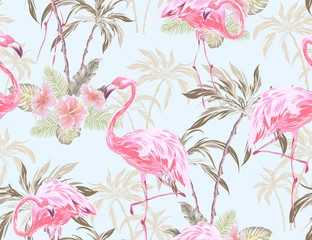 Handdoek met foto Palmbomen patronen Exotisch flamingo patroon met hibiscus  © natagalitskaia
