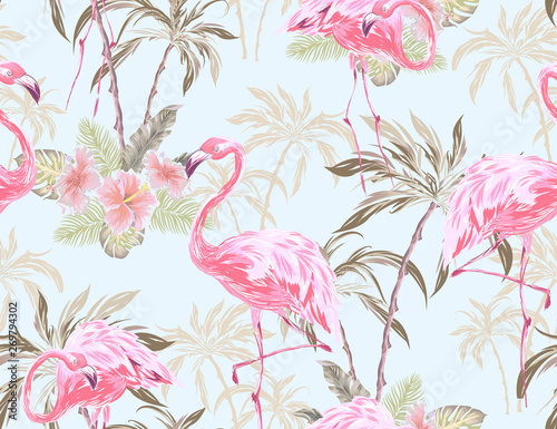 Photo Exotic seamless pattern with flamingo, hibiscus flower, palm tree, palm leaves