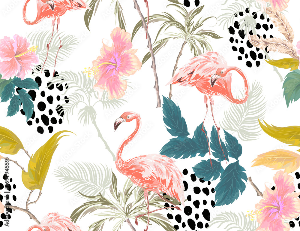 Tropical seamless pattern with exotic trees, pink flamingo, hibiscus ...