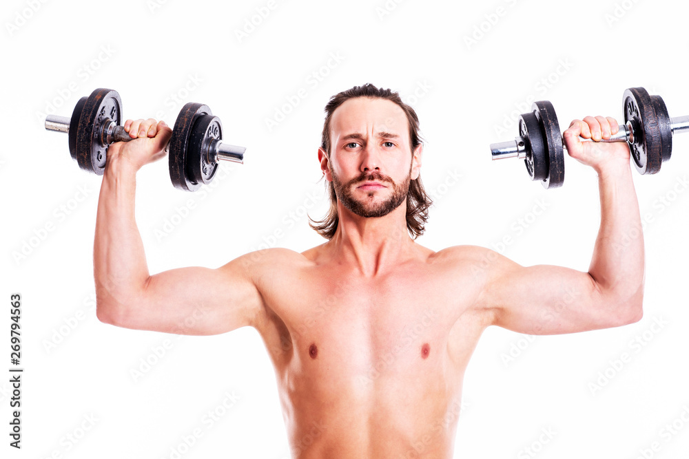 man with exercised body train with bar-bell