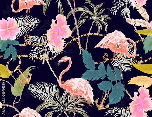 Baroque seamless pattern with exotic trees, pink flamingo, hibiscus and golden chains. Vector patch for wallpapers, fabric, surface textures, textile.