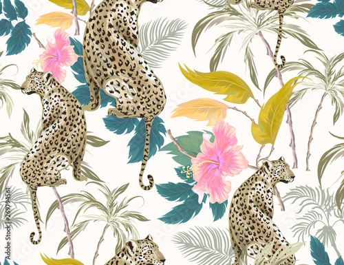 Tropical seamless pattern with exotic trees, leopard, hibiscus and plants on white background. Vector patch for wallpapers, fabric, surface textures, textile.