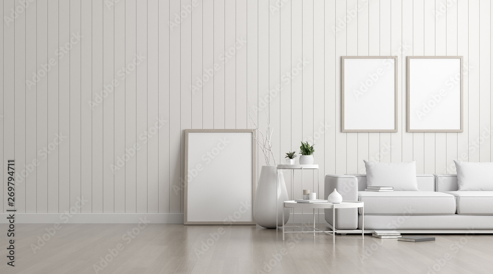 Mock-up of picture frame with small plant in vase and books on white wall. Perspective of modern Interior design. 3d rendering. Mock-up of picture frame with small plant in vase and books on white wall. Perspective of modern Interior design. 3d rendering.