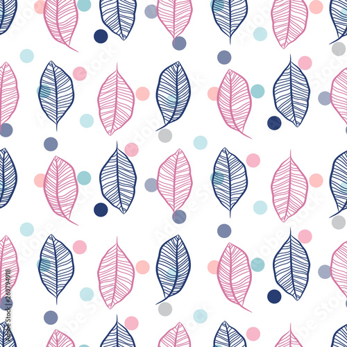 Seamless hand drawn leaves and confetti dots pattern vector.