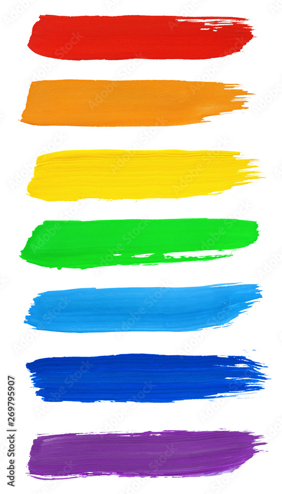 watercolor brush strokes of seven colors of the rainbow, can be used as background, isolated on white