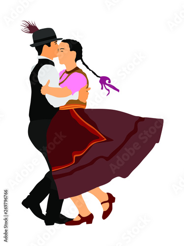 Hungarian folk dancers couple vector illustration. Germany folk dancer couple in love. Austrian folk dancers couple. East Europe folklore. Balkan folk dancing. Traditional wedding folklore event.