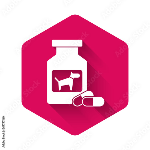 White Dog medicine bottle and pills icon isolated with long shadow. Container with pills. Prescription medicine for animal. Pink hexagon button. Vector Illustration