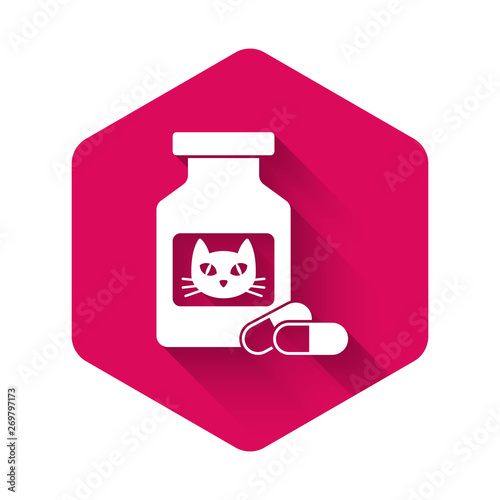 White Cat medicine bottle and pills icon isolated with long shadow. Container with pills. Prescription medicine for animal. Pink hexagon button. Vector Illustration