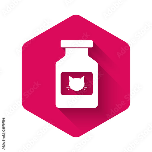 White Cat medicine bottle icon isolated with long shadow. Container with pills. Prescription medicine for animal. Pink hexagon button. Vector Illustration
